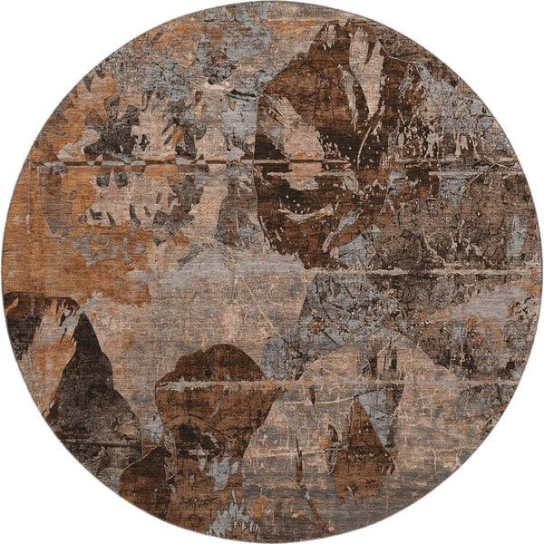 HomeRoots 8' Terra Cotta & Gray Abstract Round Rug - Washable, UV Protected, Stain Resistant for High-Traffic Areas 648883