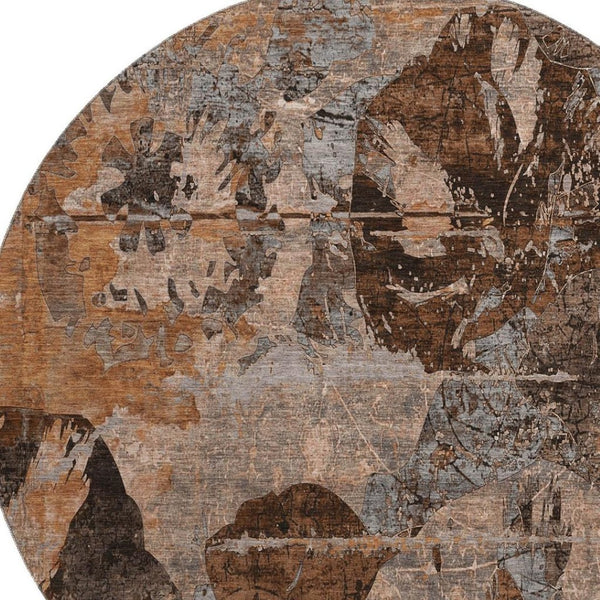 HomeRoots 8' Terra Cotta & Gray Abstract Round Rug - Washable, UV Protected, Stain Resistant for High-Traffic Areas 648883