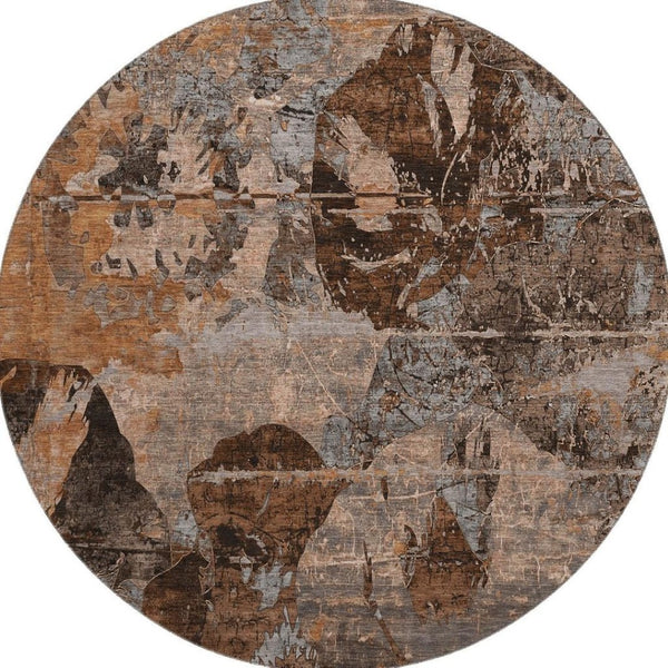 HomeRoots 8' Terra Cotta & Gray Abstract Round Rug - Washable, UV Protected, Stain Resistant for High-Traffic Areas 648883