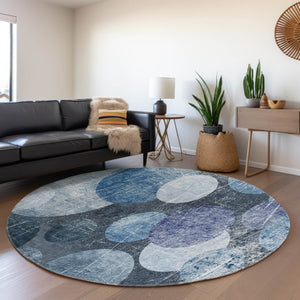 HomeRoots 8' Blue and Ivory Abstract Rug - Washable, Stain Resistant, UV Protected, Ideal for Busy Homes! 648889