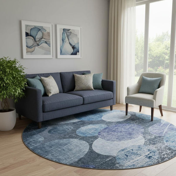 HomeRoots 8' Blue and Ivory Abstract Rug - Washable, Stain Resistant, UV Protected, Ideal for Busy Homes! 648889