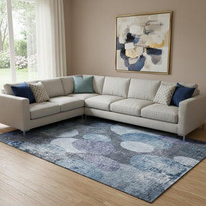 HomeRoots 10' Blue and Ivory Abstract Washable Area Rug with UV Protection for High-Traffic Spaces & Kids 648892