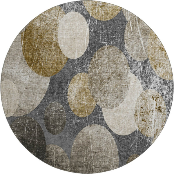 HomeRoots 8' Brown and Ivory Abstract Washable Round Rug - Durable, UV Protected, Easy-Care for Any Space 648895