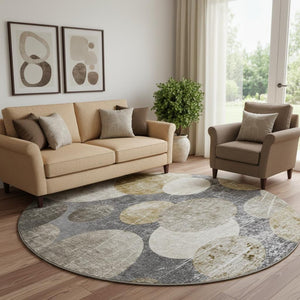 HomeRoots 8' Brown and Ivory Abstract Washable Round Rug - Durable, UV Protected, Easy-Care for Any Space 648895