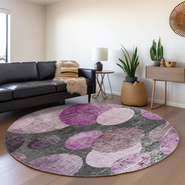 HomeRoots 8' Cabernet and Ivory Contemporary Abstract Round Rug – Washable, UV-Protected, Durable Design 648901