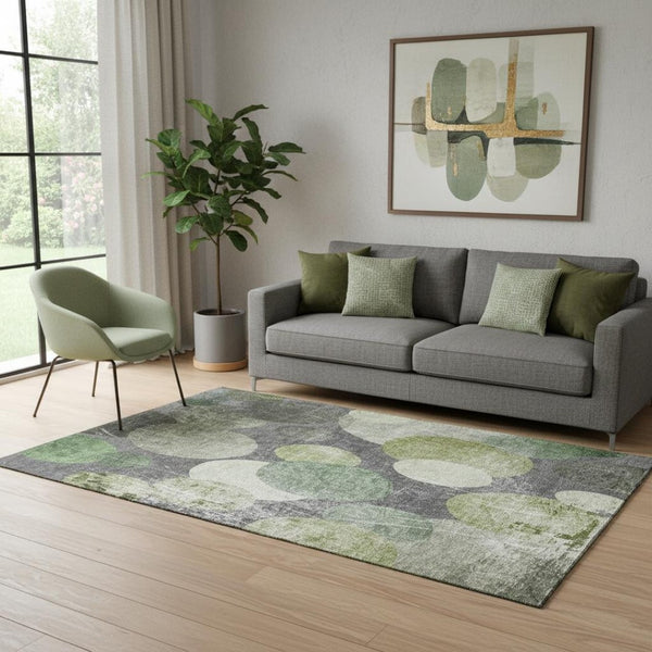 HomeRoots 5' X 8' Abstract Area Rug in Green, Ivory & Gray - Washable, UV Protected, Stain Resistant Design 648906