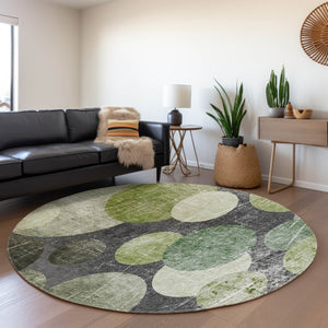 HomeRoots 8' Green Ivory Gray Abstract Washable Round Rug – UV Protected, Stain-Resistant, Stylish & Durable 648907