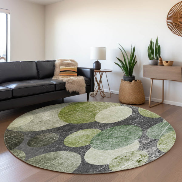 HomeRoots 8' Green Ivory Gray Abstract Washable Round Rug – UV Protected, Stain-Resistant, Stylish & Durable 648907