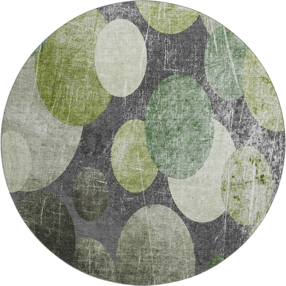 HomeRoots 8' Green Ivory Gray Abstract Washable Round Rug – UV Protected, Stain-Resistant, Stylish & Durable 648907