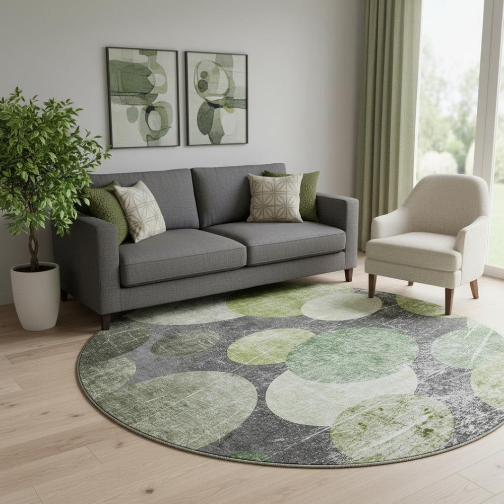 HomeRoots 8' Green Ivory Gray Abstract Washable Round Rug – UV Protected, Stain-Resistant, Stylish & Durable 648907