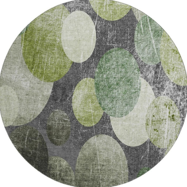 HomeRoots 8' Green Ivory Gray Abstract Washable Round Rug – UV Protected, Stain-Resistant, Stylish & Durable 648907