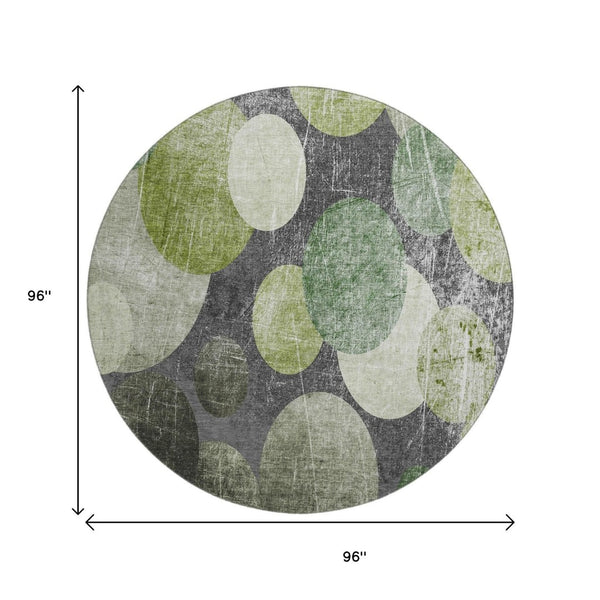 HomeRoots 8' Green Ivory Gray Abstract Washable Round Rug – UV Protected, Stain-Resistant, Stylish & Durable 648907
