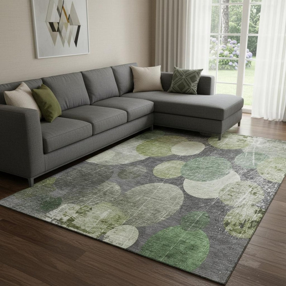 HomeRoots 8' X 10' Modern Abstract Washable Area Rug in Green, Ivory & Gray – Stain-Resistant & UV Protected 648908