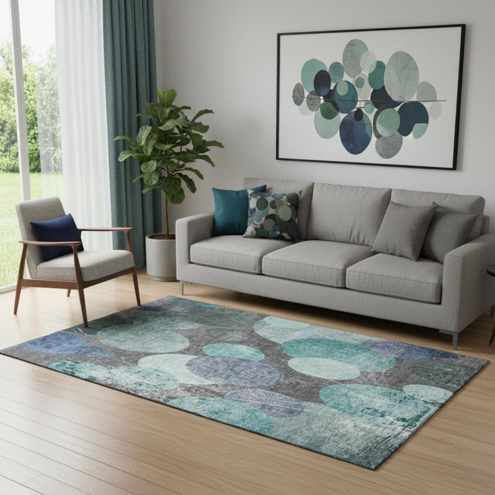 HomeRoots 5' X 8' Teal And Gray Abstract Area Rug – Washable, UV-Protected, Stain-Resistant for Busy Homes 648912