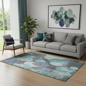 HomeRoots 5' X 8' Teal And Gray Abstract Area Rug – Washable, UV-Protected, Stain-Resistant for Busy Homes 648912