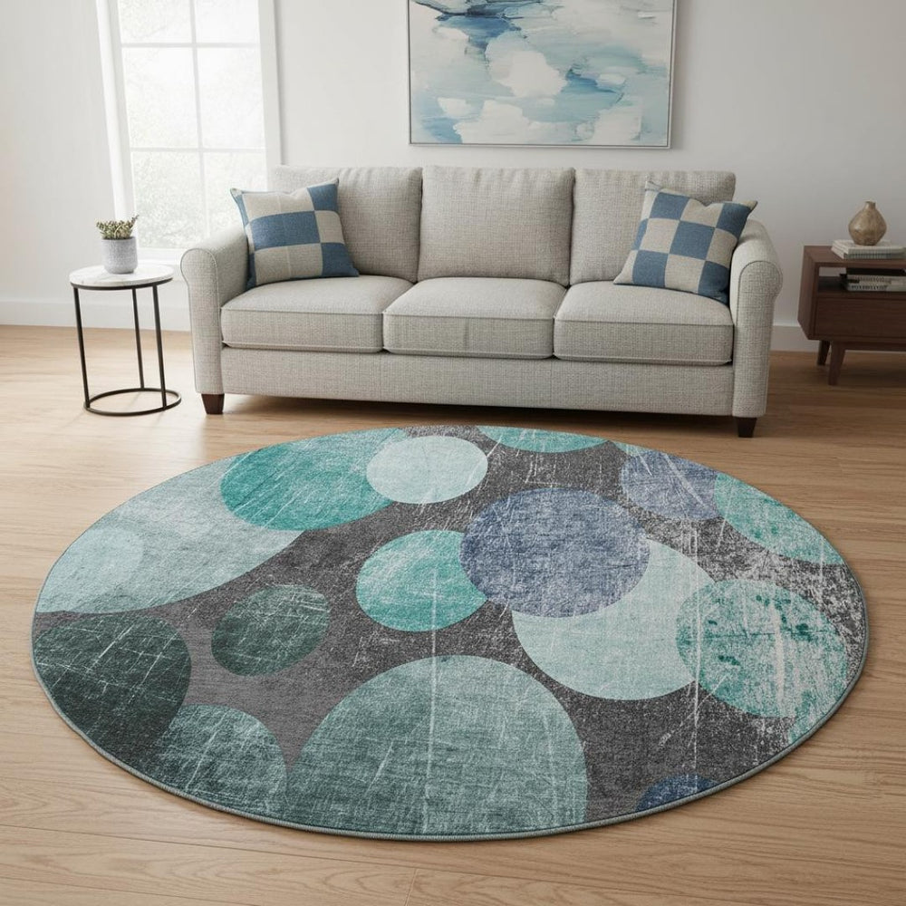 HomeRoots 8' Stylish Teal and Gray Abstract Round Rug with UV Protection - Durable, Washable, and Stain Resistant! 648913