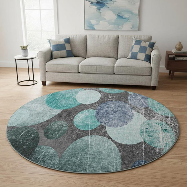HomeRoots 8' Stylish Teal and Gray Abstract Round Rug with UV Protection - Durable, Washable, and Stain Resistant! 648913