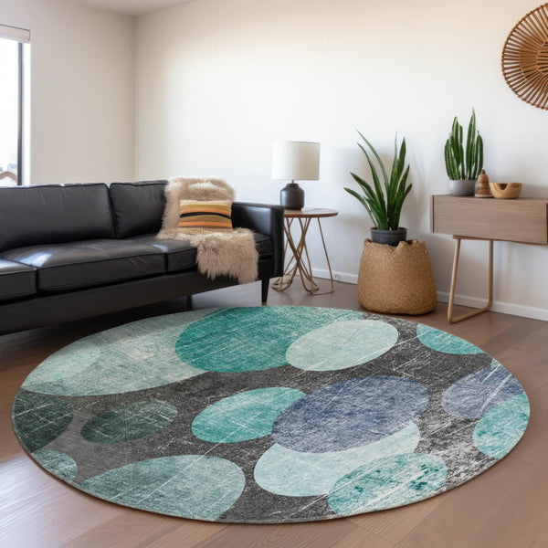 HomeRoots 8' Stylish Teal and Gray Abstract Round Rug with UV Protection - Durable, Washable, and Stain Resistant! 648913