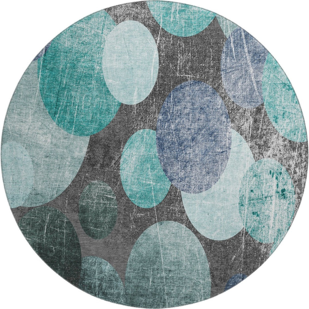 HomeRoots 8' Stylish Teal and Gray Abstract Round Rug with UV Protection - Durable, Washable, and Stain Resistant! 648913