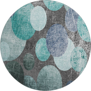 HomeRoots 8' Stylish Teal and Gray Abstract Round Rug with UV Protection - Durable, Washable, and Stain Resistant! 648913