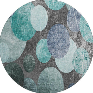 HomeRoots 8' Stylish Teal and Gray Abstract Round Rug with UV Protection - Durable, Washable, and Stain Resistant! 648913