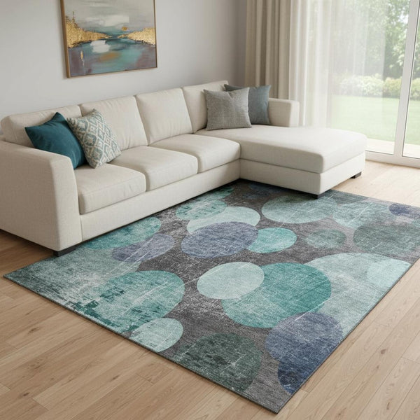 HomeRoots 9' X 12' Teal and Gray Abstract Area Rug - Washable, UV Protected, Durable for Busy Homes & Style 648915