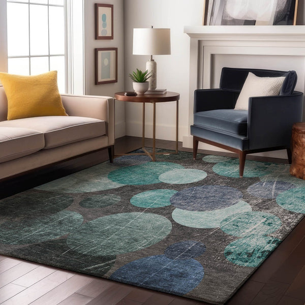 HomeRoots 10' X 14' Teal and Gray Abstract Washable Area Rug – UV Protected, Stain Resistant for Modern Spaces 648916