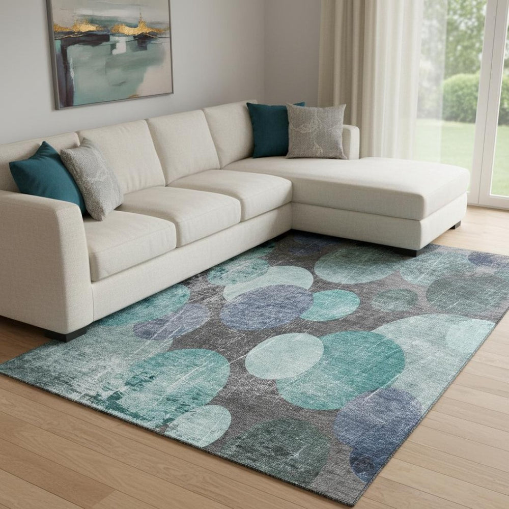 HomeRoots 10' X 14' Teal and Gray Abstract Washable Area Rug – UV Protected, Stain Resistant for Modern Spaces 648916