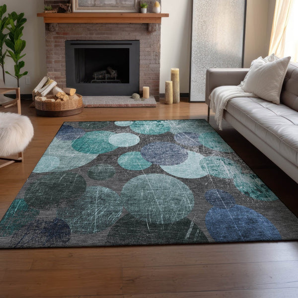 HomeRoots 10' X 14' Teal and Gray Abstract Washable Area Rug – UV Protected, Stain Resistant for Modern Spaces 648916
