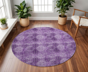 HomeRoots 8' Elegant Eggplant and Ivory Floral Medallion Washable Round Rug with UV Protection and Durability 648919