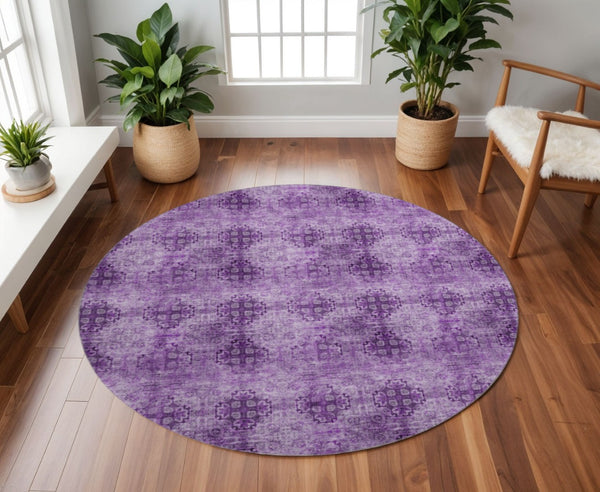 HomeRoots 8' Elegant Eggplant and Ivory Floral Medallion Washable Round Rug with UV Protection and Durability 648919