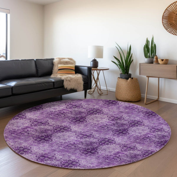 HomeRoots 8' Elegant Eggplant and Ivory Floral Medallion Washable Round Rug with UV Protection and Durability 648919
