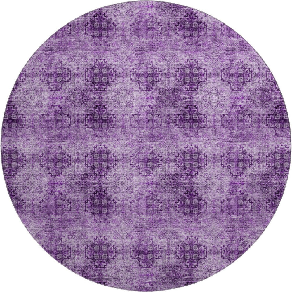 HomeRoots 8' Elegant Eggplant and Ivory Floral Medallion Washable Round Rug with UV Protection and Durability 648919