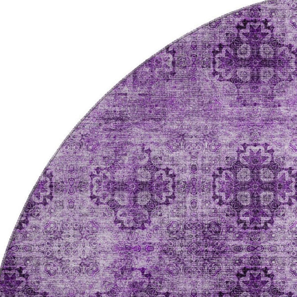 HomeRoots 8' Elegant Eggplant and Ivory Floral Medallion Washable Round Rug with UV Protection and Durability 648919