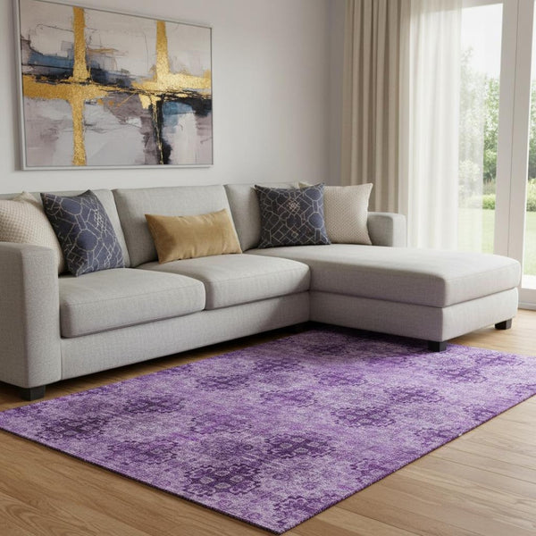 HomeRoots 8' X 10' Eggplant & Ivory Floral Medallion Rug - Washable, UV Protected, Stain Resistant Design! 648920
