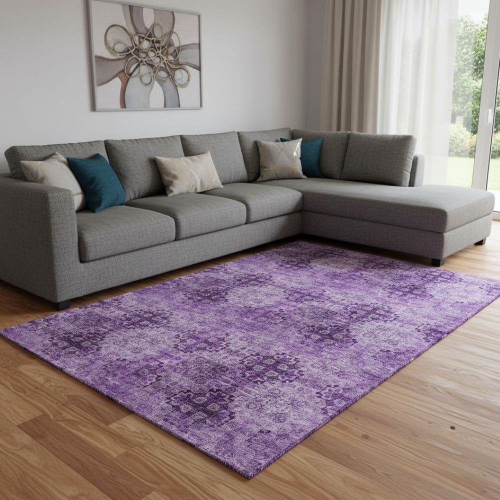 HomeRoots 9' X 12' Eggplant Floral Medallion Area Rug - Washable, UV-Protected, Durable for Family Spaces 648921