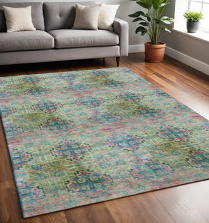 HomeRoots 5' X 8' Floral Medallion Area Rug – Green, Blush & Teal, Washable, UV Protected, Stain Resistant! 648924