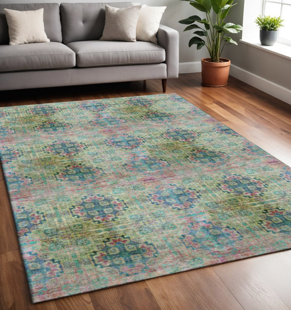 HomeRoots 5' X 8' Floral Medallion Area Rug – Green, Blush & Teal, Washable, UV Protected, Stain Resistant! 648924
