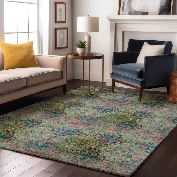HomeRoots 5' X 8' Floral Medallion Area Rug – Green, Blush & Teal, Washable, UV Protected, Stain Resistant! 648924