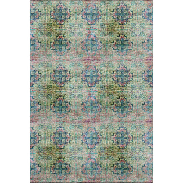 HomeRoots 5' X 8' Floral Medallion Area Rug – Green, Blush & Teal, Washable, UV Protected, Stain Resistant! 648924