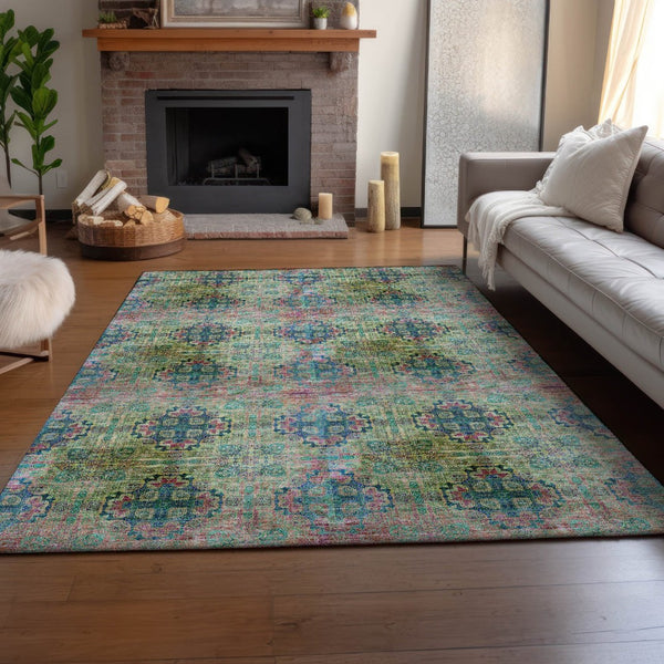 HomeRoots 5' X 8' Floral Medallion Area Rug – Green, Blush & Teal, Washable, UV Protected, Stain Resistant! 648924