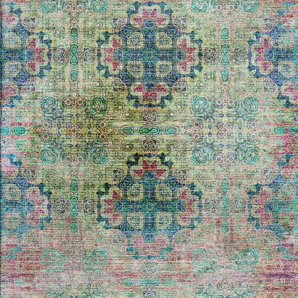 HomeRoots 5' X 8' Floral Medallion Area Rug – Green, Blush & Teal, Washable, UV Protected, Stain Resistant! 648924