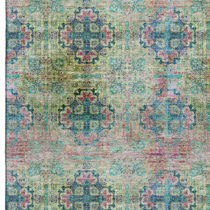 HomeRoots 5' X 8' Floral Medallion Area Rug – Green, Blush & Teal, Washable, UV Protected, Stain Resistant! 648924