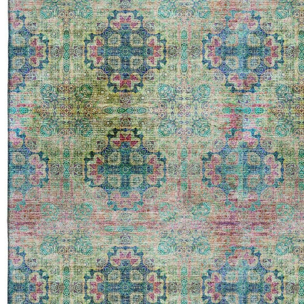 HomeRoots 5' X 8' Floral Medallion Area Rug – Green, Blush & Teal, Washable, UV Protected, Stain Resistant! 648924