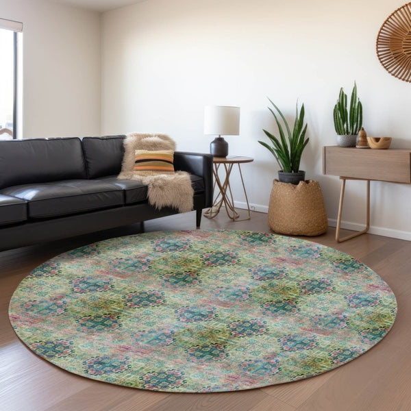 HomeRoots 8' Green Blush Teal Floral Medallion Washable Round Rug - UV Protected, Pet & Kid Friendly Design! 648925