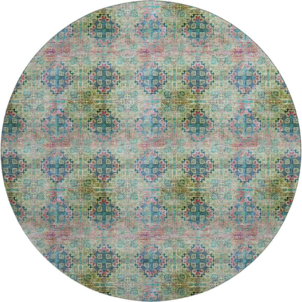 HomeRoots 8' Green Blush Teal Floral Medallion Washable Round Rug - UV Protected, Pet & Kid Friendly Design! 648925