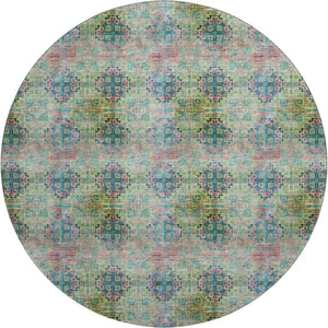 HomeRoots 8' Green Blush Teal Floral Medallion Washable Round Rug - UV Protected, Pet & Kid Friendly Design! 648925