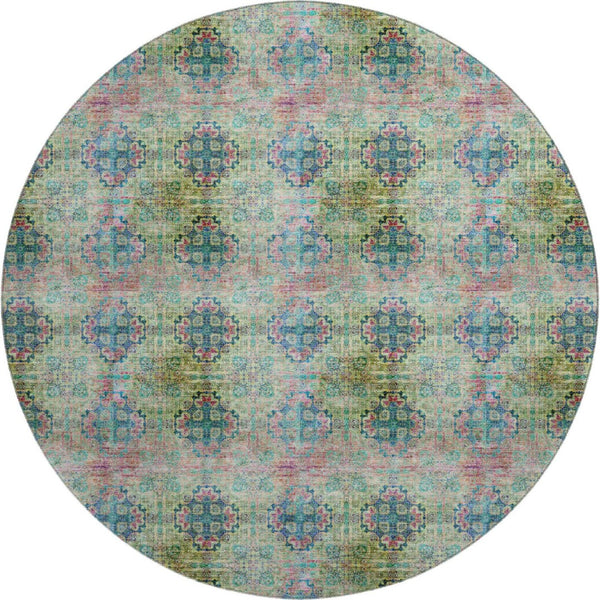 HomeRoots 8' Green Blush Teal Floral Medallion Washable Round Rug - UV Protected, Pet & Kid Friendly Design! 648925