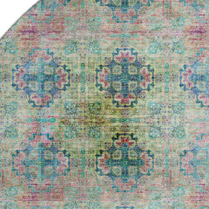 HomeRoots 8' Green Blush Teal Floral Medallion Washable Round Rug - UV Protected, Pet & Kid Friendly Design! 648925
