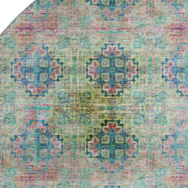 HomeRoots 8' Green Blush Teal Floral Medallion Washable Round Rug - UV Protected, Pet & Kid Friendly Design! 648925